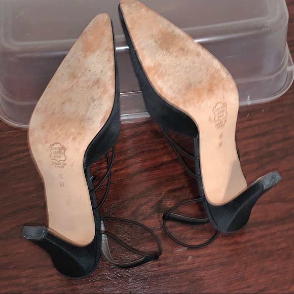 Y2K Vintage Nine West Strappy Satin Pointed Closed Toe Black Heels Shoes 6